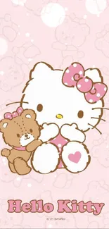 Adorable Hello Kitty wallpaper with teddy in pink theme.