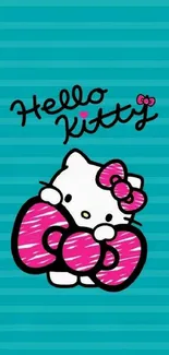 Hello Kitty with a teal striped background on a mobile wallpaper.