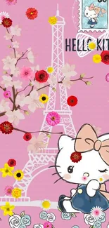 Hello Kitty with Eiffel Tower and flowers on a pink background.