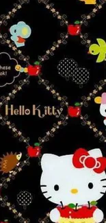 Hello Kitty mobile wallpaper with apples on black background.