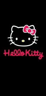 Cute Hello Kitty mobile wallpaper with pink bow on black background.