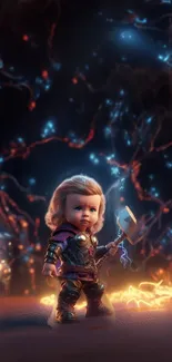 Adorable baby hero with a hammer in a mystical, glowing fantasy background.