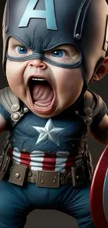 Adorable baby in superhero costume holding a shield.