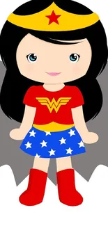 Cute cartoon superhero girl in colorful outfit on white background.