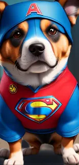 Corgi dressed as a superhero with blue and red costume.