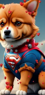 Adorable dog dressed as a superhero with blue cape.