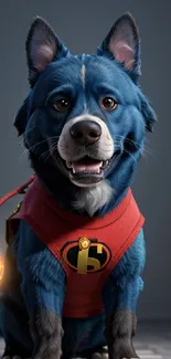 Blue dog in superhero costume with lightbulb, perfect mobile wallpaper.