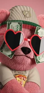 Adorable pink bear with heart sunglasses and dollar bills on a pink background.