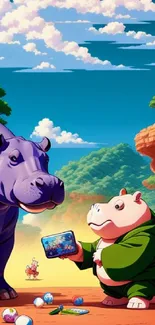 Cartoon hippos in vibrant landscape with colorful sky and lush scenery.