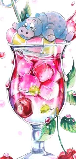 Cute hippo lounging on colorful drink with cherries.