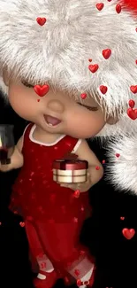 Cute 3D cartoon in a holiday outfit, surrounded by red hearts.