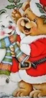 Cute cartoon bear and snowman in festive attire.