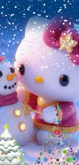 Cute cat with snowman in snowy holiday scene.