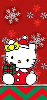 Festive cartoon cat in Santa hat with gift and snowflakes.