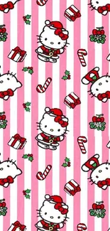 Hello Kitty Christmas wallpaper with pink stripes and festive decorations.