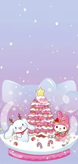 Cute cartoon characters in a festive snow globe with pink decorations.