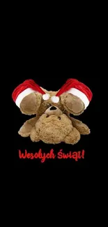 Festive teddy bears with Santa hats on a black background, saying 'Wesołych Świąt'.