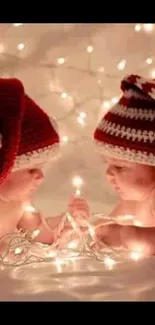 Cute twin babies with Christmas light decorations.