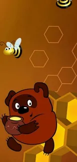 Cartoon bear with honey and bees on a brown background.