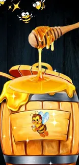 Cute honey bee wallpaper with barrel and honey dipper.