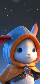 Adorable cartoon bunny in blue and orange hood sitting on sand.