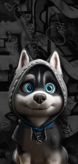 Cartoon dog in urban hoodie with graffiti backdrop.