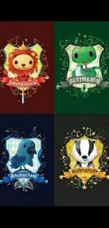 Adorable animal house crests wallpaper with colorful designs and fantasy theme.