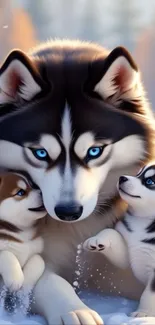 A family of huskies with blue eyes in snowy landscape.