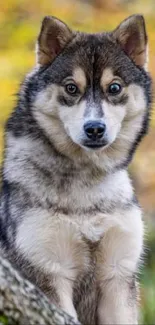 Cute husky dog perched on a tree log with autumn leaves in the background.