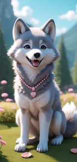 Adorable Husky with necklace in flower field.