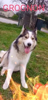 Adorable husky in a garden with heart emoji.