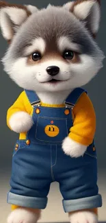 Cute cartoon husky puppy in blue overalls with yellow shirt.