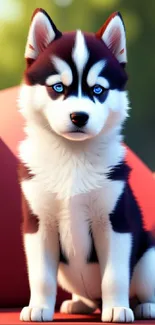 Adorable husky puppy with striking blue eyes sitting outdoors.