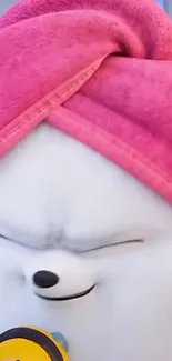 Animated fluffy white husky with a pink towel wrap.