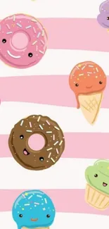 Cute pink striped wallpaper with donuts and ice cream.