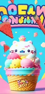 Cute cat with ice cream in bright colors on phone wallpaper.