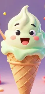Smiling cartoon ice cream cone with utensils.
