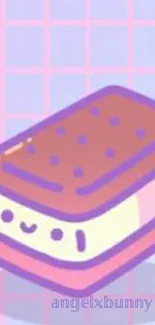 Kawaii ice cream sandwich with pastel purple grid background.