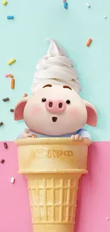 Cute pig in ice cream cone with pastel colors and sprinkles.