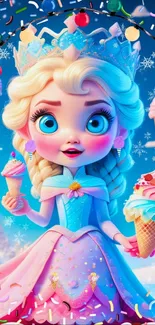 Adorable princess with ice cream cones in a colorful, whimsical setting.