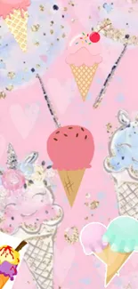 Adorable pink unicorn ice cream mobile wallpaper.