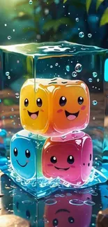 Cute ice cube characters in vibrant colors surrounded by water droplets.