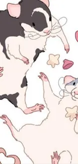 Illustrated wallpaper with cute cartoon rats in pastel shades.