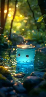 Adorable jar glows in enchanted forest setting.