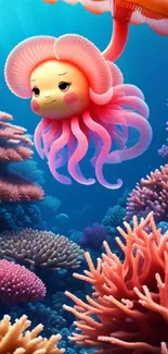 Cute animated jellyfish among colorful coral reefs underwater.