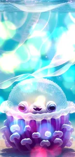 Whimsical cute jellyfish in vibrant purple underwater setting.