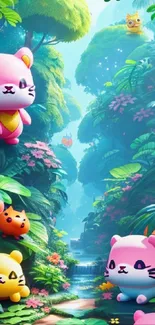 Cute cat characters in a lush jungle setting with colorful plants.