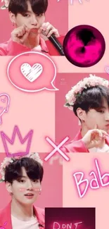 Cute K-Pop wallpaper with pink neon accents and playful collage.