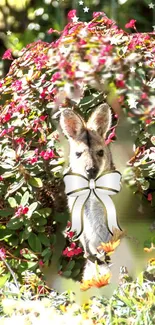 Kangaroo with ribbon among colorful flowers.