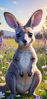 Cute kangaroo sitting in a colorful flower field.